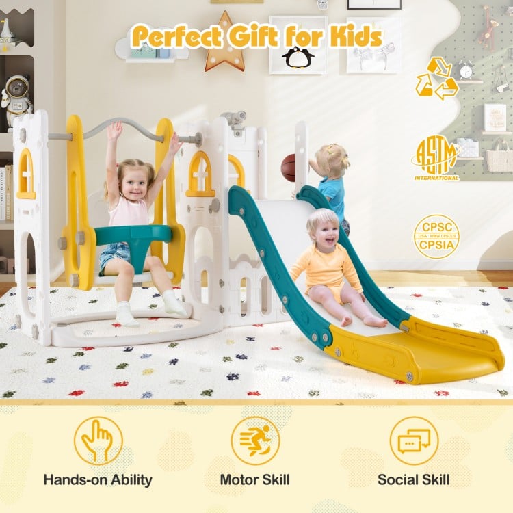 7-in-1 toddler swing and slide set in yellow, featuring a slide, swing, and basketball hoop for active play and skill.