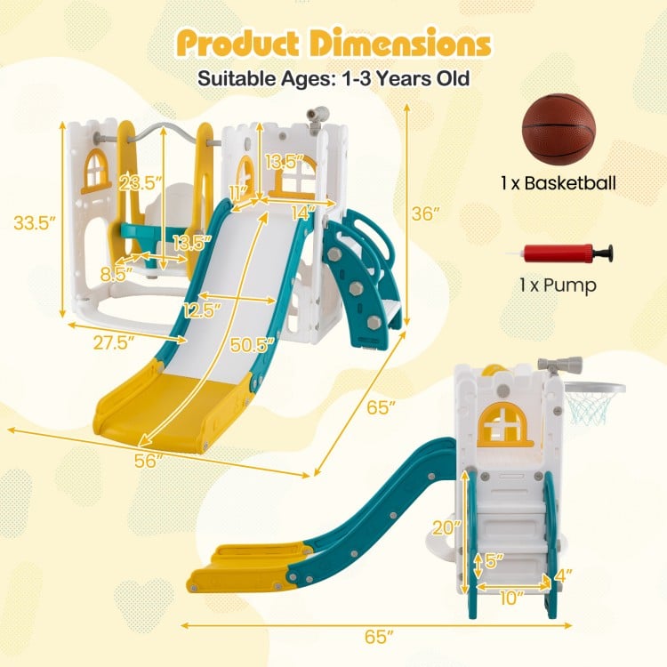 L-shaped 7-in-1 toddler swing and slide set in yellow with ladder, basketball hoop, and safe non-slip surfaces.