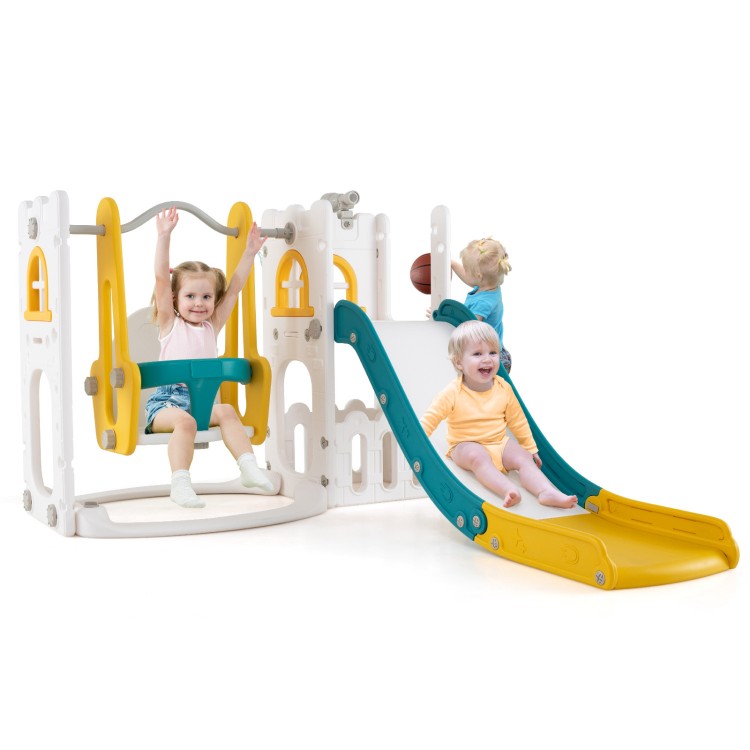 L-shaped 7-in-1 toddler swing and slide set with basketball hoop, featuring safe non-slip surfaces and sturdy HDPE.