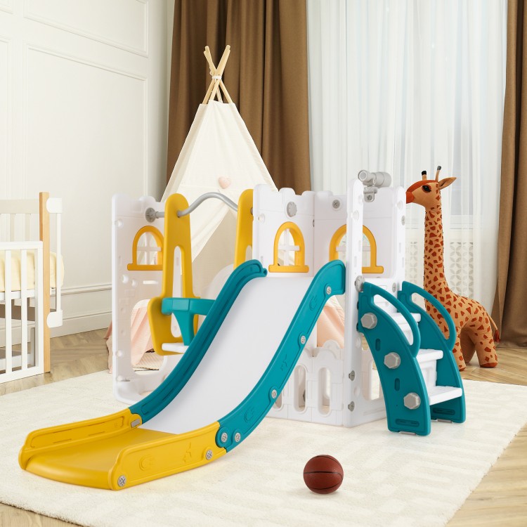 Toddler swing and slide set in yellow with ladder, basketball hoop, and climbing features for safe indoor play.