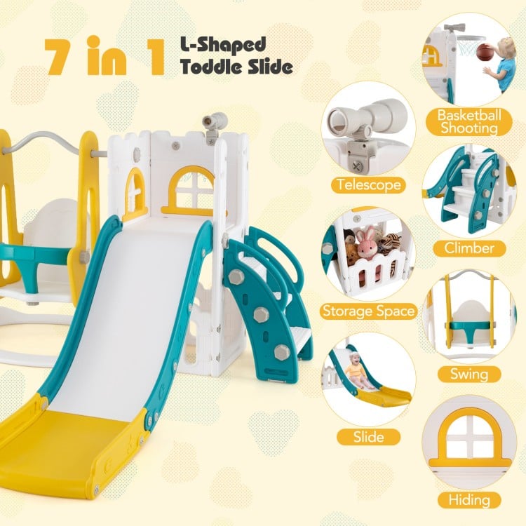 L-shaped 7-in-1 toddler swing and slide set in yellow with slide, swing, basketball hoop, and climbing features for.