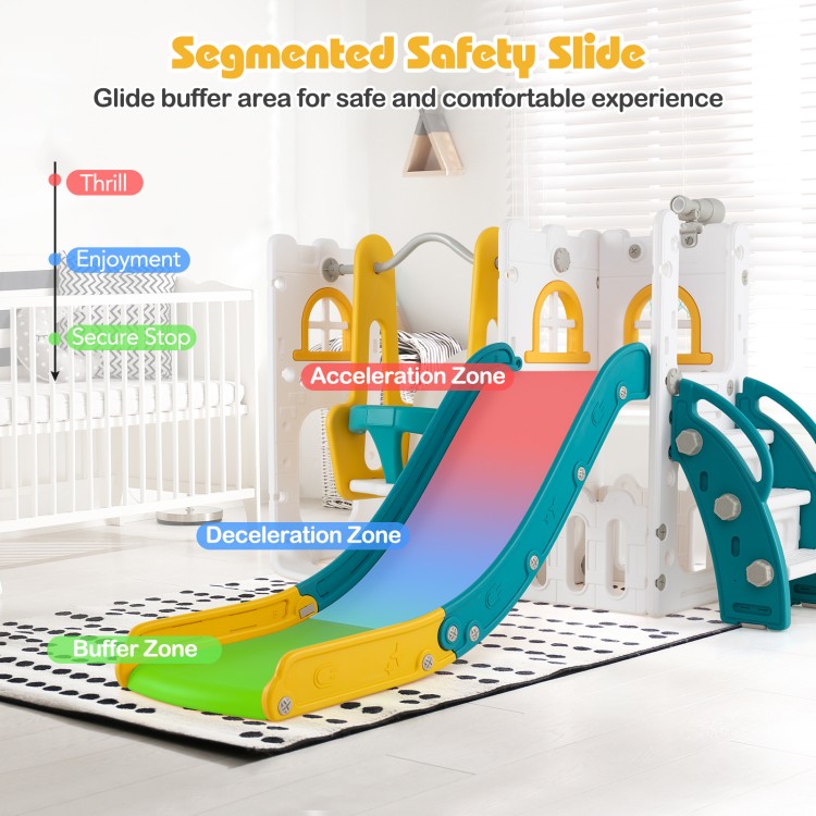 L-shaped toddler swing and slide set with safety zones, non-slip steps, and secure handrails for safe play.