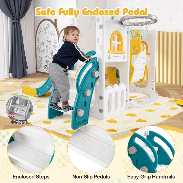 Toddler swing and slide set with enclosed steps, non-slip pedals, and easy-grip handrails for safe play.