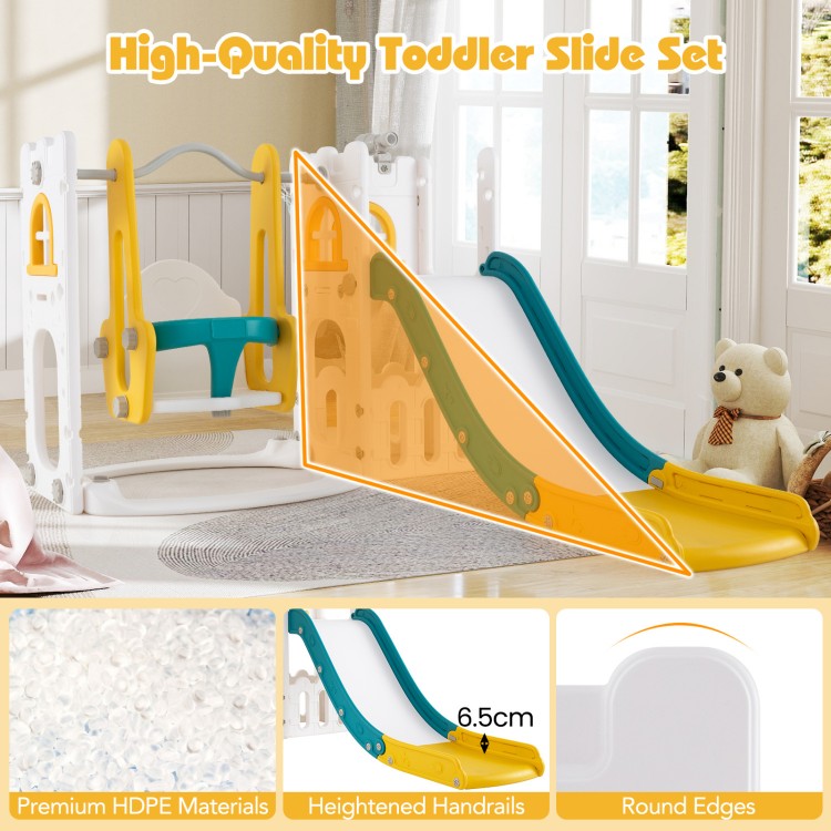 L-shaped toddler slide set in yellow featuring a slide, swing, and basketball hoop for safe, fun playtime.