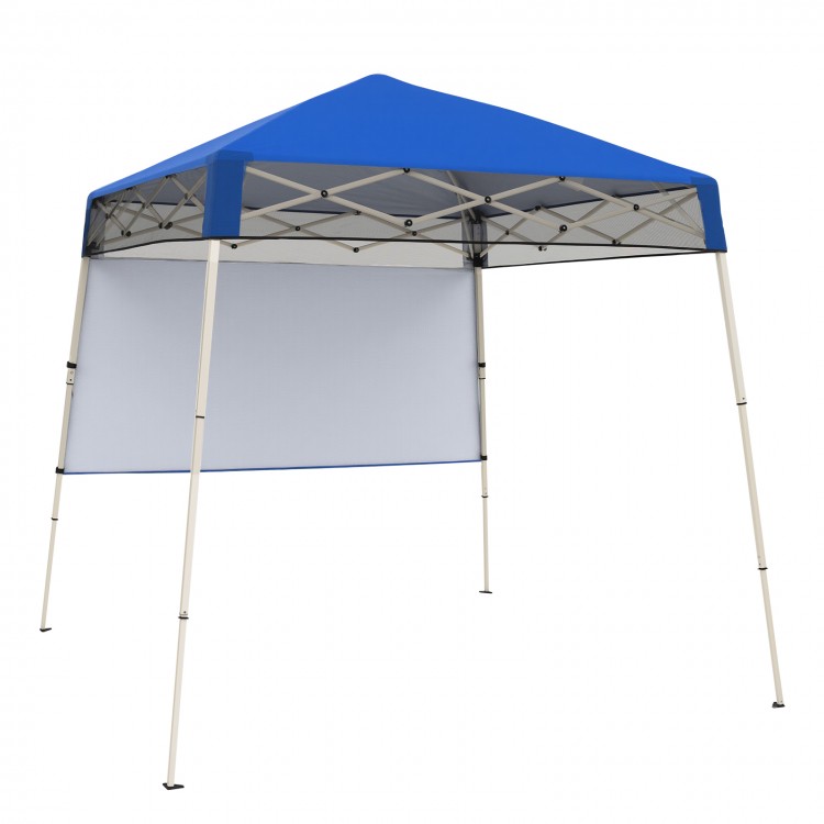 Blue 7 x 7 FT pop-up canopy tent with mesh sidewall, ideal for camping, picnics, and sports events.