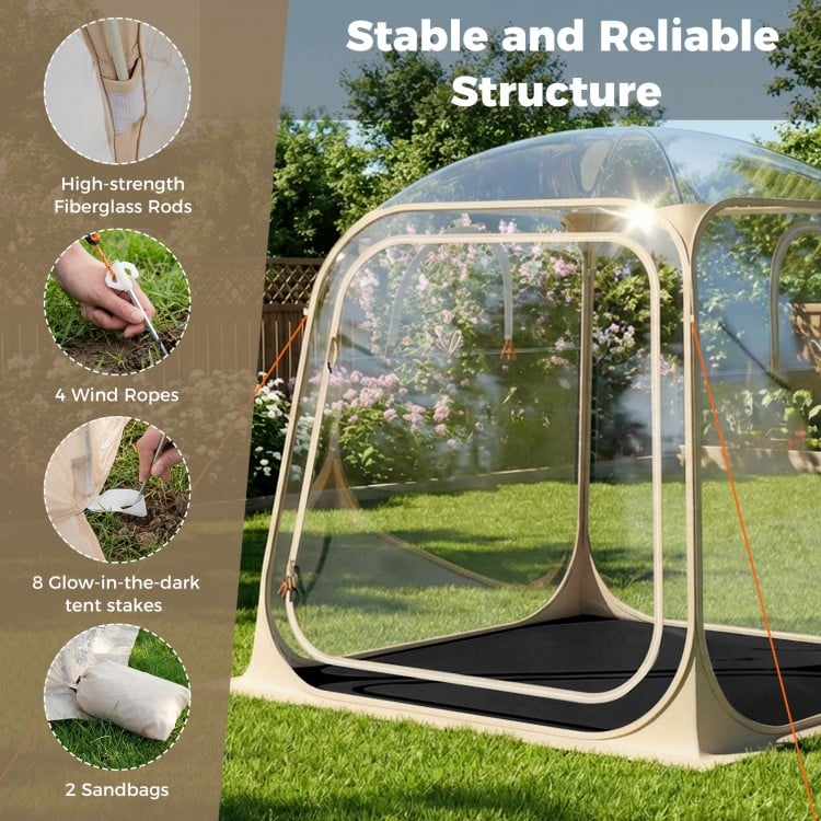 Clear bubble tent with fiberglass rods, sealed floor, and glow-in-the-dark stakes, perfect for outdoor events and.