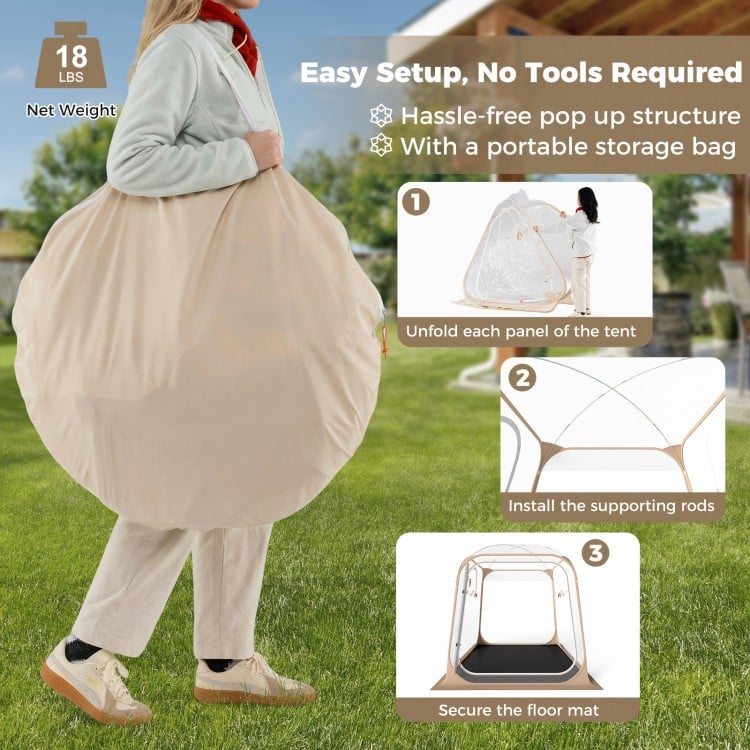 Pop-up 7 x 7 FT clear bubble tent with sealed floor, ideal for camping and backyard relaxation, easy setup without.