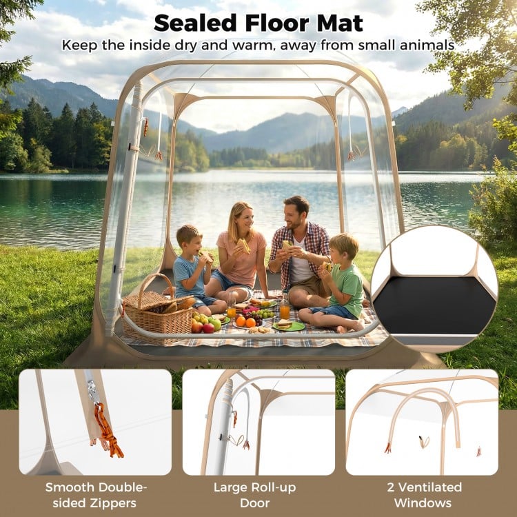 Pop-up sports tent with sealed floor, large roll-up door, and ventilated windows, perfect for camping and backyard.