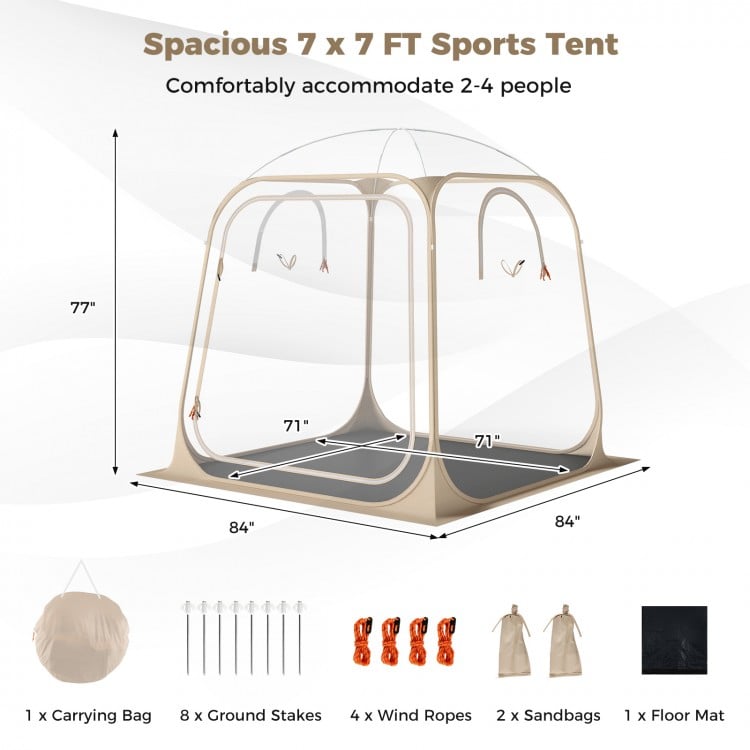 7 x 7 FT pop-up sports tent with clear PVC dome, sealed floor, and glow-in-the-dark stakes for outdoor events.