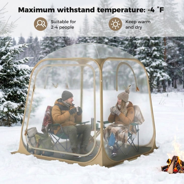 Clear bubble tent with a sealed floor, designed for 2-4 people, ideal for camping and backyard relaxation.