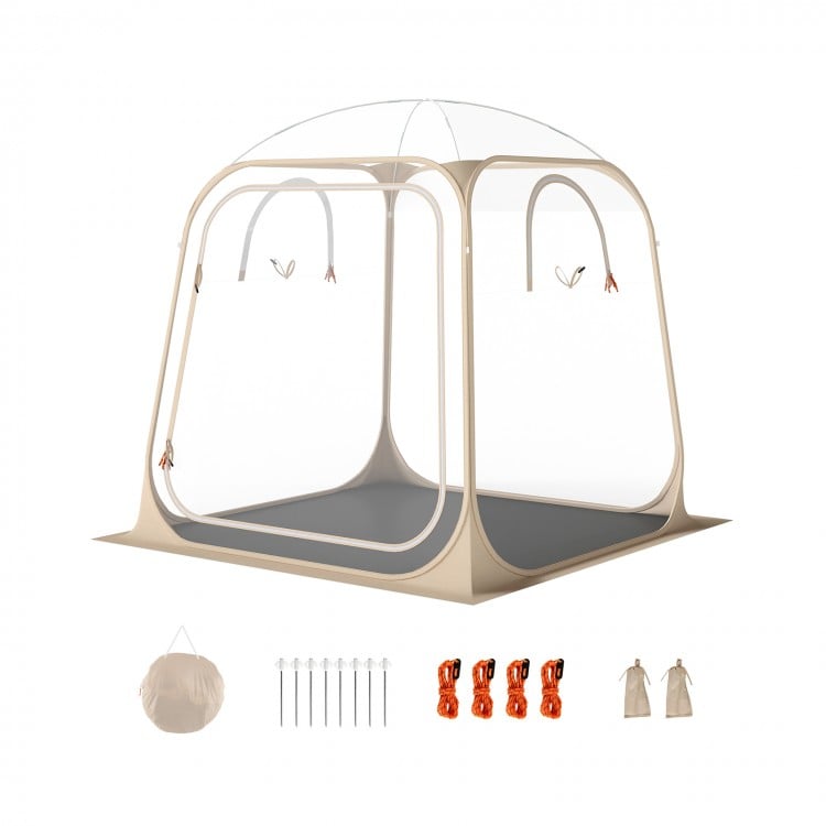 Clear bubble tent with sealed floor, 7 x 7 FT, waterproof, ideal for camping and backyard relaxation.