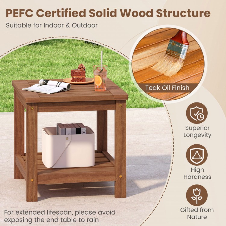 2-tier outdoor side table with storage shelf, solid wood, waterproof teak oil finish, ideal for patio and garden use.