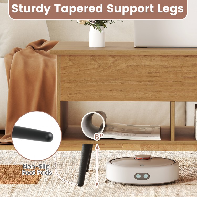 Lift-top coffee table with sturdy tapered support legs, hidden storage, and open shelves for versatile use in any room.