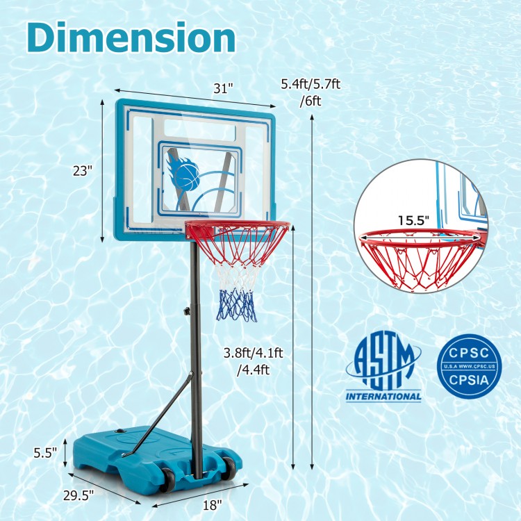 Adjustable pool basketball hoop dimensions with a fillable base for stability, suitable for all ages and easy movement.