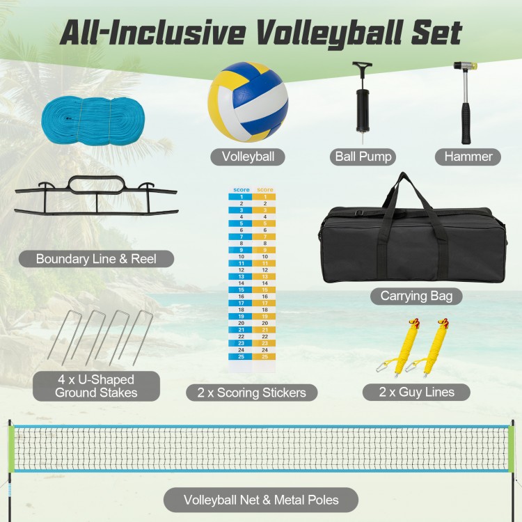 Portable outdoor volleyball net set with adjustable poles, carrying bag, and accessories for easy setup and fun games.