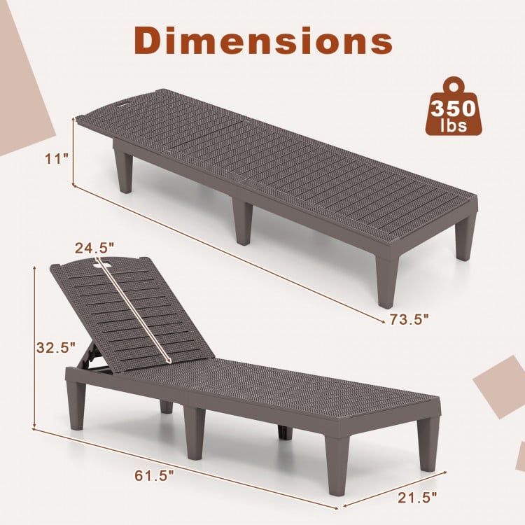 Dimensions of outdoor PP chaise lounge chair set showing adjustable backrest and support for 350 lbs, ideal for patio.