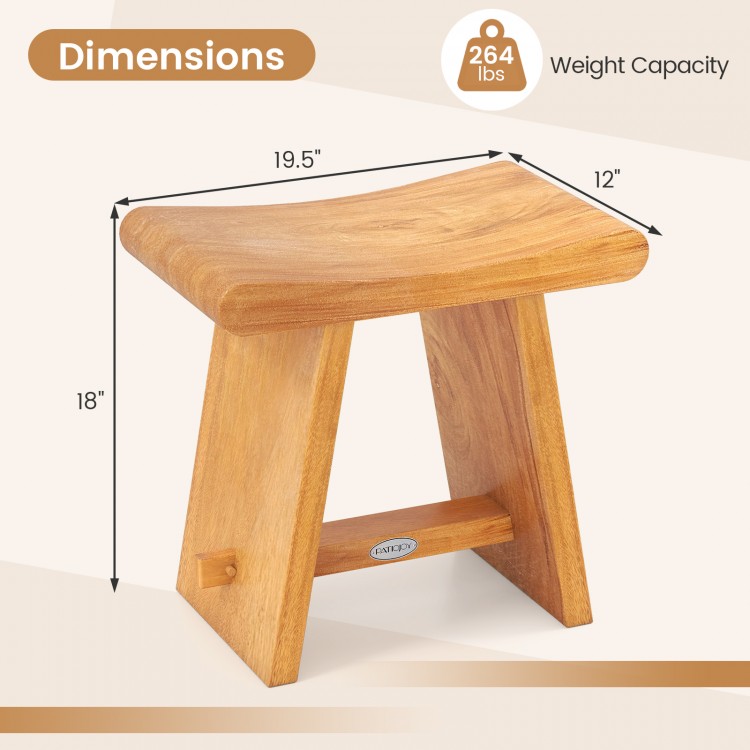 Curved teak shower bench with dimensions 19.5" x 12" x 18", offering durability and comfort for shaving legs.