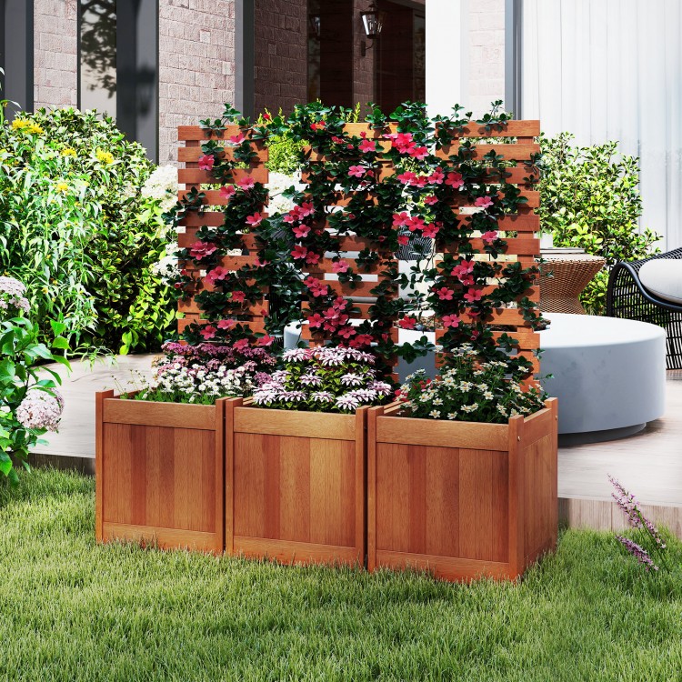 Outdoor wooden raised garden bed with trellis, featuring smooth wood and ideal for climbing plants and decorative.