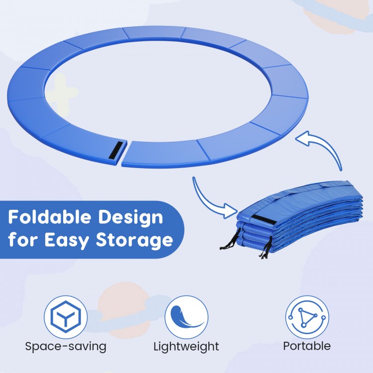 Blue foldable trampoline safety pad with fixing straps, featuring anti-tear surface and high-density foam for.