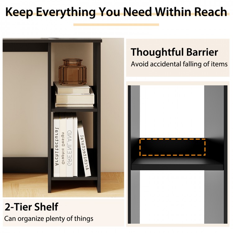 Modern black office desk with 2-tier shelf and barrier, designed for organization and stability in home settings.