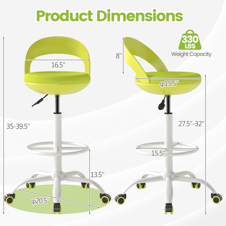 Drafting stool with adjustable height, green upholstery, and smooth-rolling wheels, ideal for standing desks and.