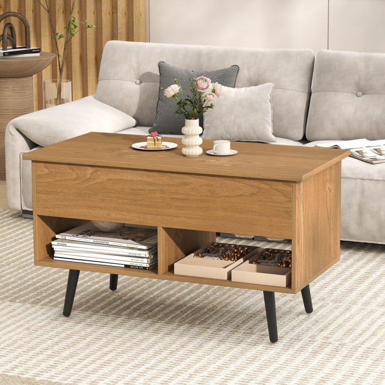 Lift-top coffee table in natural finish with hidden storage and two open shelves for versatile use in modern decor.
