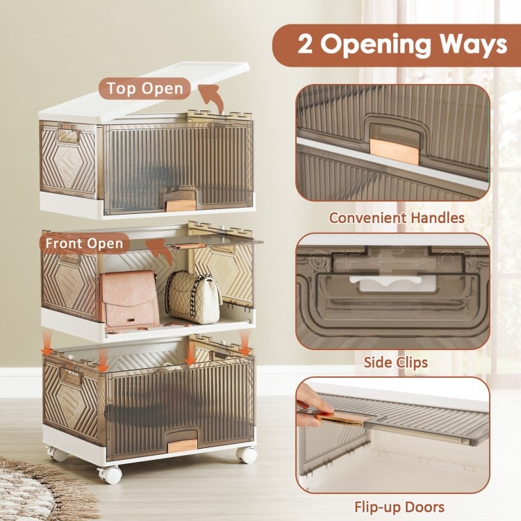 3-cube stackable storage bin with top and front opening, detachable wheels, and convenient handles for easy access.