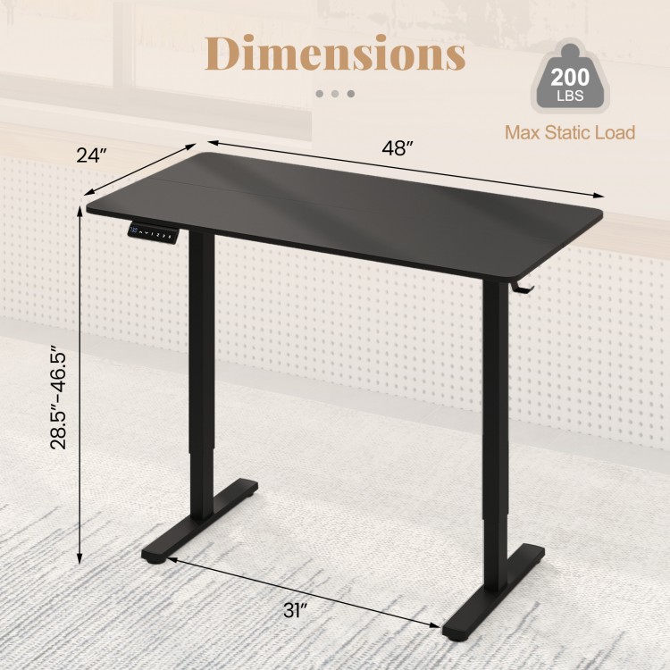 Adjustable 48" x 24" black electric standing desk with memory settings, height range 28.5" to 46.5" for home office use.