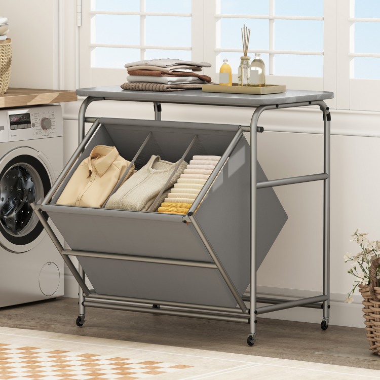 3-section laundry sorter with foldable ironing board, gray fabric baskets, and lockable wheels for easy sorting and.