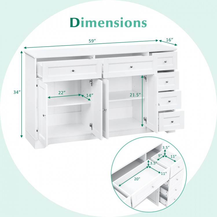 Dimensions of the 59" white buffet sideboard with 6 drawers and 2 cabinets for organized storage in modern spaces.