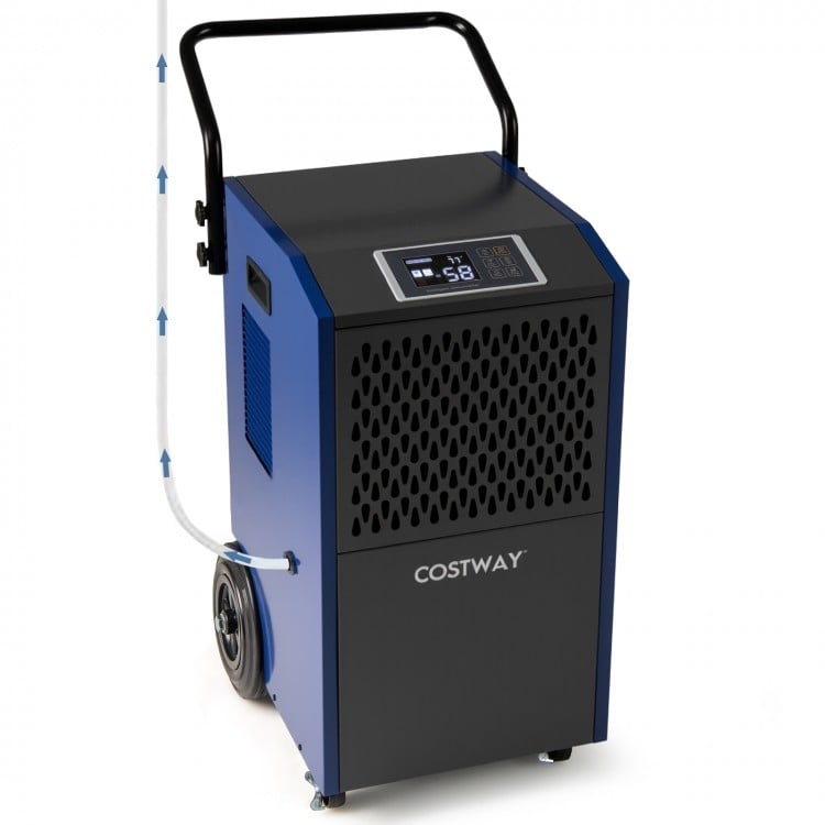 Commercial dehumidifier in blue with pump and drain hoses, designed for spaces up to 7000 sq.ft, featuring a control.