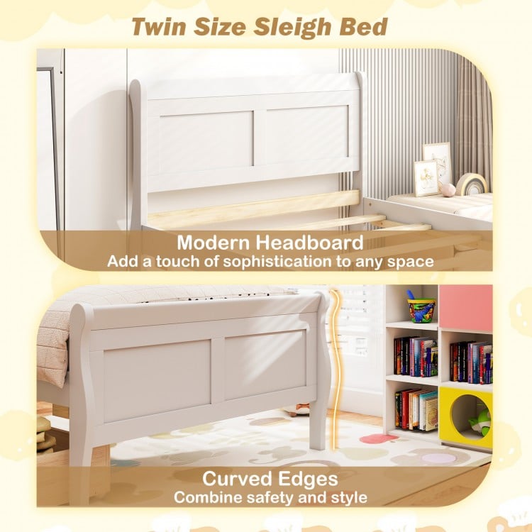 Twin size sleigh bed with modern headboard and curved edges, featuring two storage drawers for added convenience.
