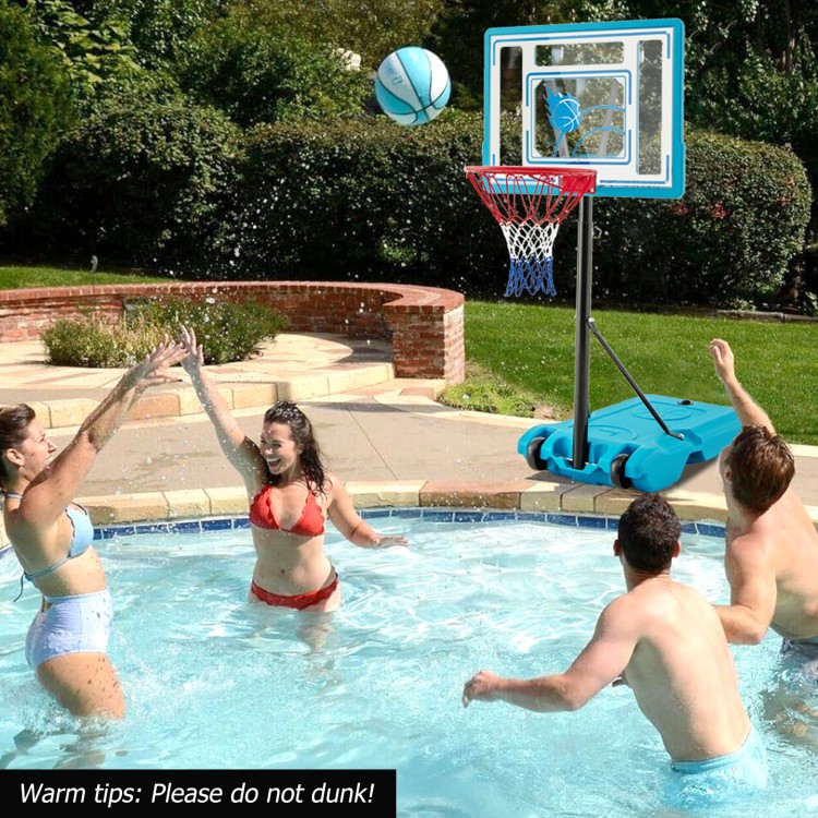 Adjustable 3.8-4.4 FT pool basketball hoop with fillable base, ideal for poolside fun and stability during games.
