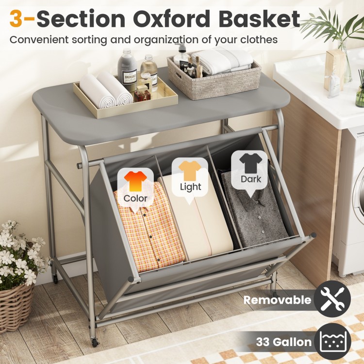 Gray 3-section laundry sorter with removable cotton cover, tilting basket design, and padded ironing board for easy use.
