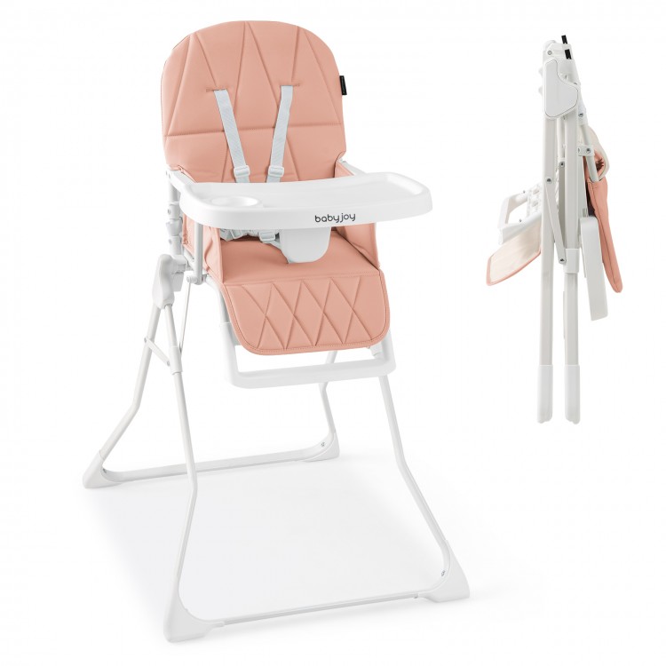 Compact pink highchair with adjustable tray, removable cushion, and foldable design for easy storage and convenience.
