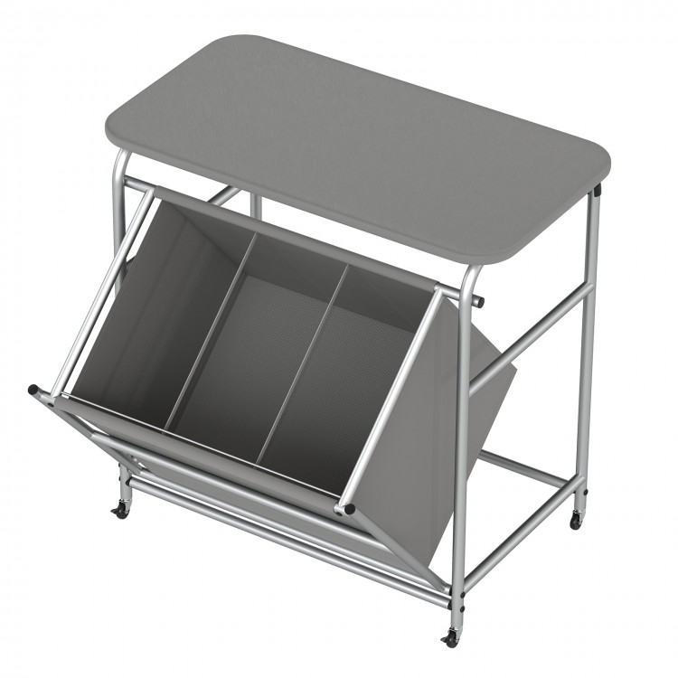 3-section laundry sorter in gray with foldable ironing board and lockable wheels for easy clothes organization.