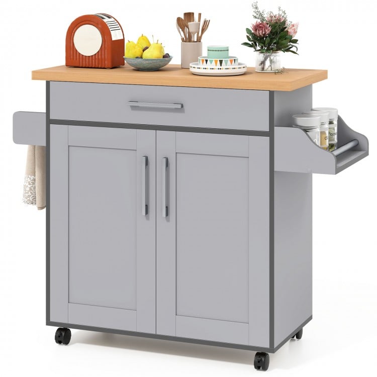 Rolling kitchen island cart in gray with a spacious countertop, drawer, cabinet, and spice rack for organized storage.