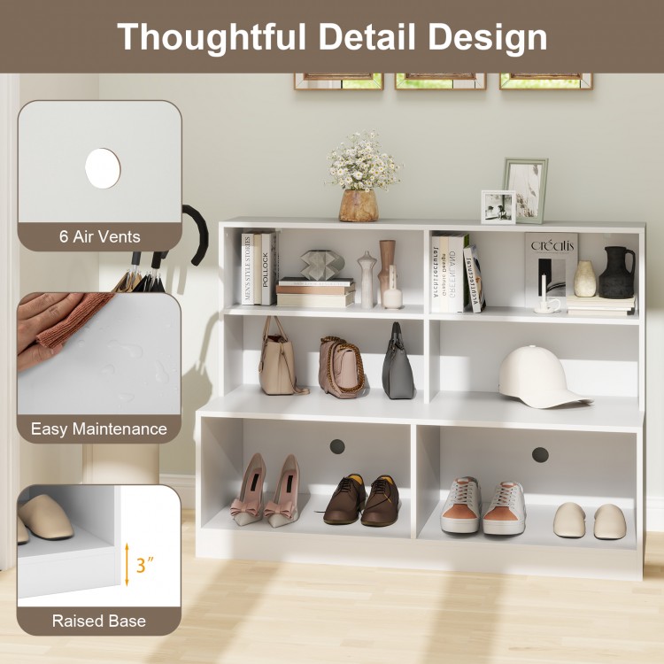 Entryway shoe cabinet in white featuring 4-cube storage, 2 compartments, and 6 air vents for ventilation.