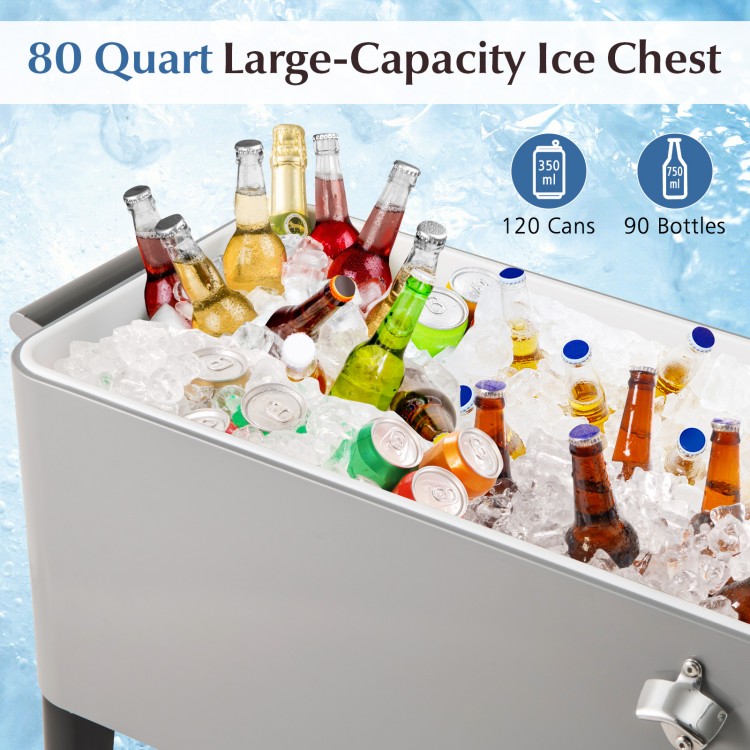 Portable 80-quart gray patio cooler with drinks and ice, featuring a removable lid and bottom storage shelf for.