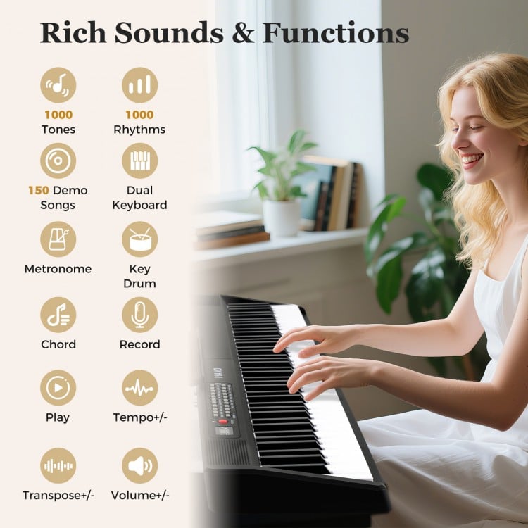 88-key foldable electric piano in black showcasing dual keyboard function and rich sounds for versatile music creation.