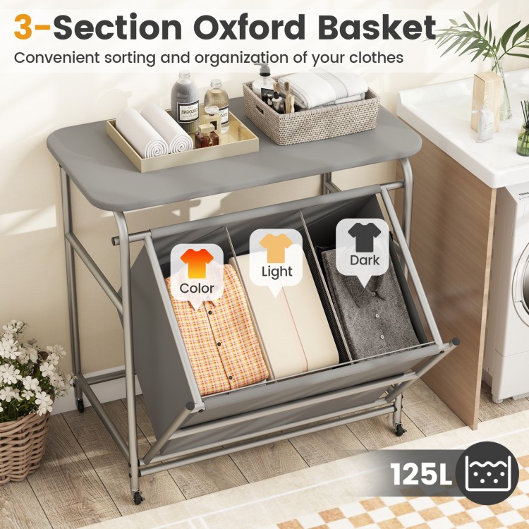 Gray 3-section laundry sorter with removable oxford fabric cover and padded ironing board for convenient clothing.