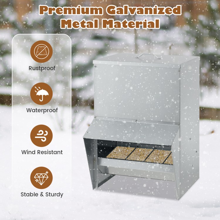 Wall mount galvanized chicken feeder with 50 lbs capacity, waterproof design, and elevated legs for dry feeding.