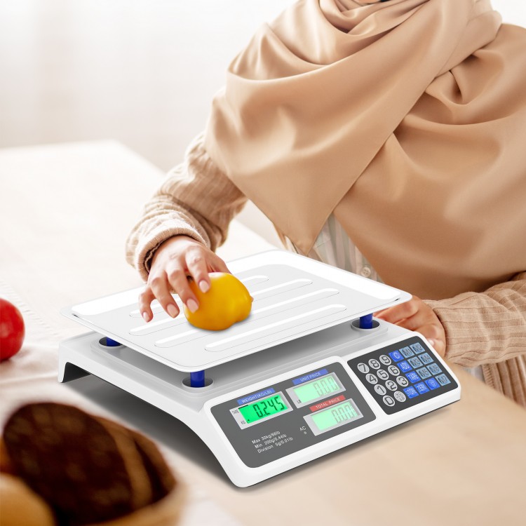 Commercial food scale with dual LCD displays, 66 lb capacity, and removable stainless steel platform for easy cleaning.