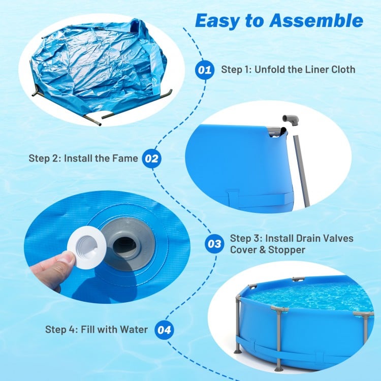 Assembly steps for the 12 ft outdoor family swimming pool with metal frame, featuring durable PVC fabric and drain.