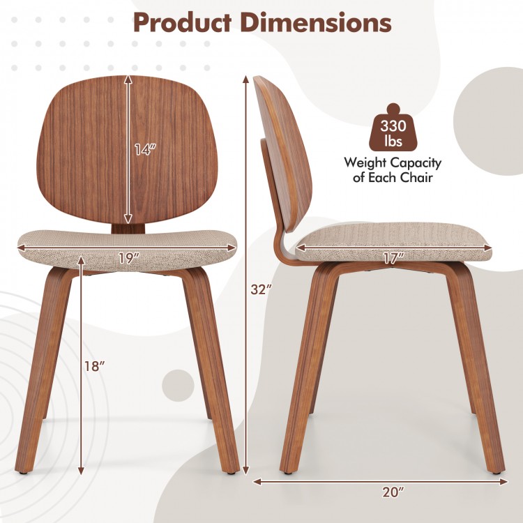 Wooden dining chair dimensions with padded seat and bentwood frame in walnut, ideal for dining rooms and kitchens.
