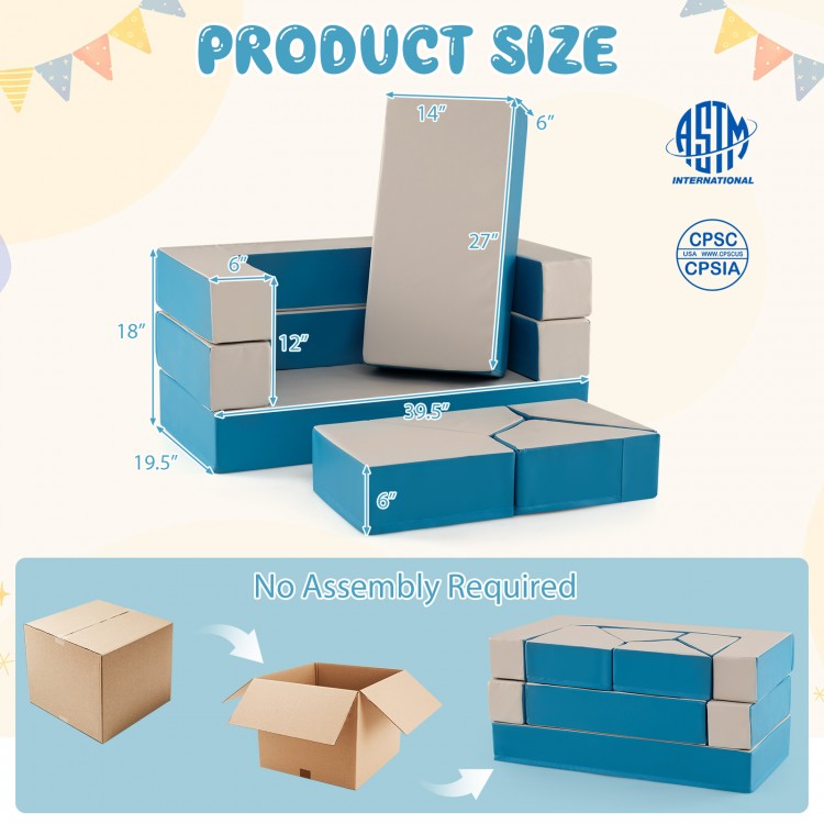 Colorful 4-in-1 foam shapes playset for toddlers, featuring a blue PU surface, lightweight design, and no assembly.