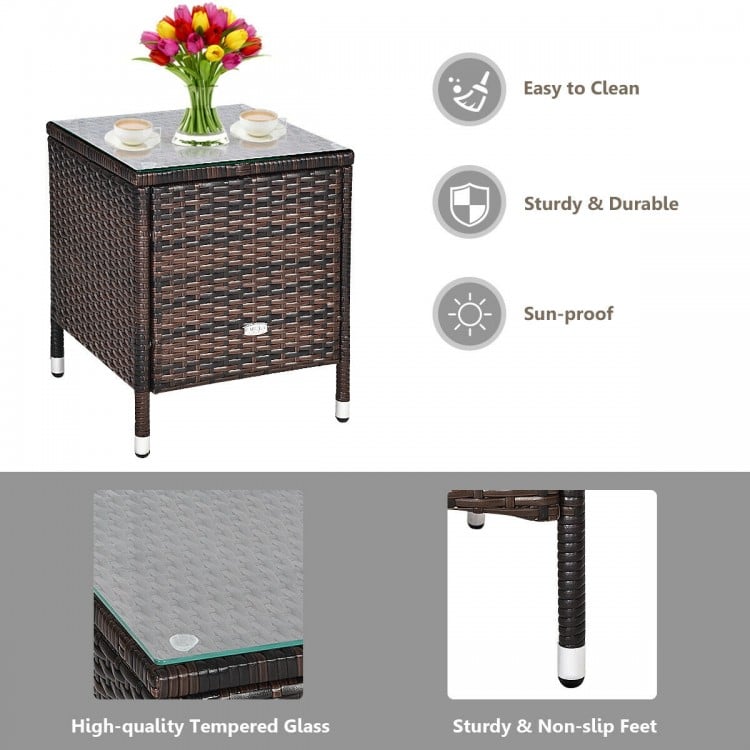 Square coffee table with tempered glass top, made of durable wicker rattan, perfect for outdoor patio use.