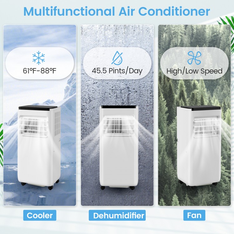 8000 BTU portable air conditioner with remote control, serving as a cooler, dehumidifier, and fan for spaces up to 250.