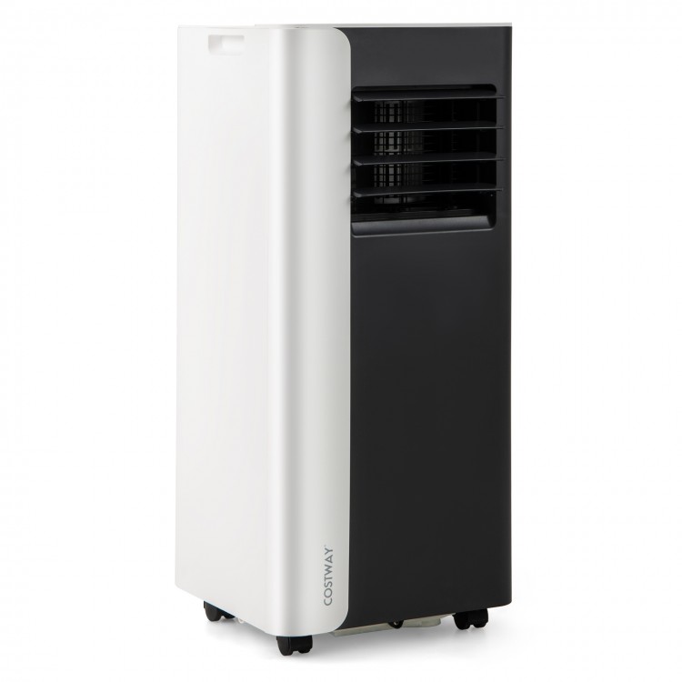 Portable 8000 BTU air conditioner in black and white with remote, fan, and dehumidifier for versatile cooling solutions.