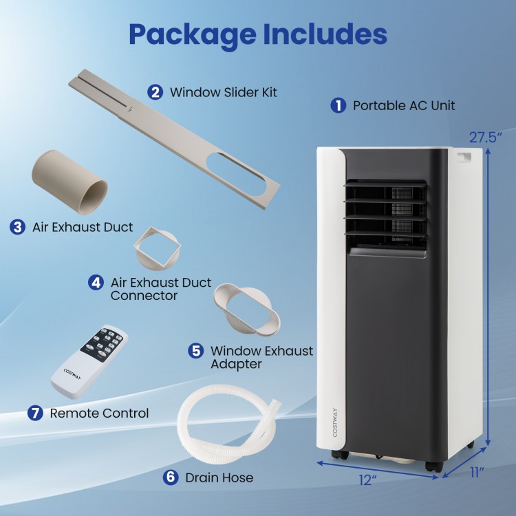 Package contents of the 8000 BTU portable air conditioner, including window slider kit, exhaust duct, and remote.